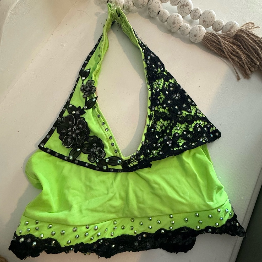 2 piece dance costume Neon Green and Black Halter Top with Lace and Hand Beading